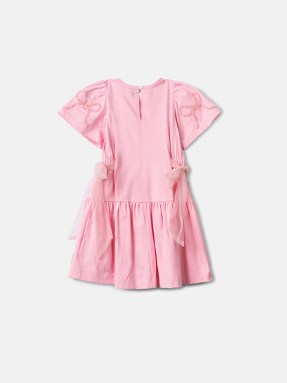 Vestido Infantil Rosa com Mangas Bordadas e Laços Laterais - Animê