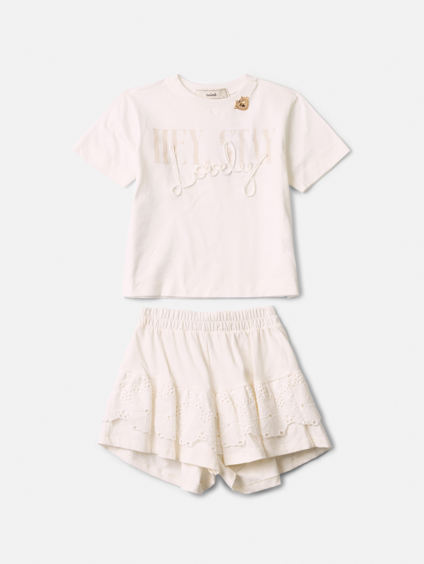 Conjunto Infantil Off White com Blusa Lovely e Short com Babados em Laise - Animê