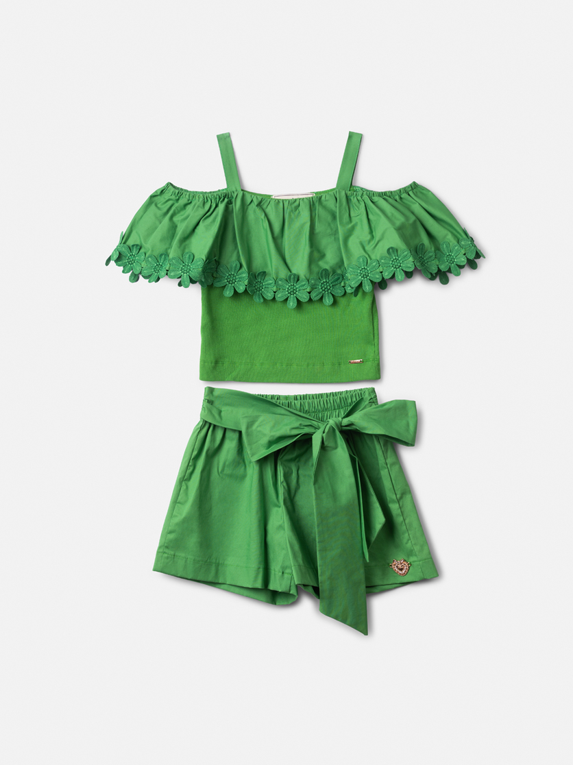 Conjunto Infantil Verde com Blusa de Alças e Flores Short com Laço - Animê
