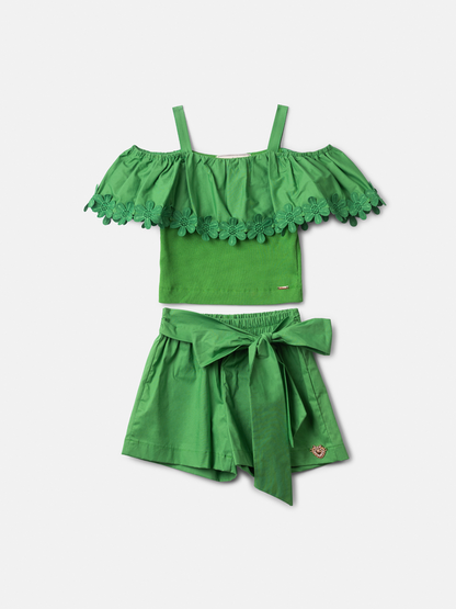 Conjunto Infantil Verde com Blusa de Alças e Flores Short com Laço - Animê