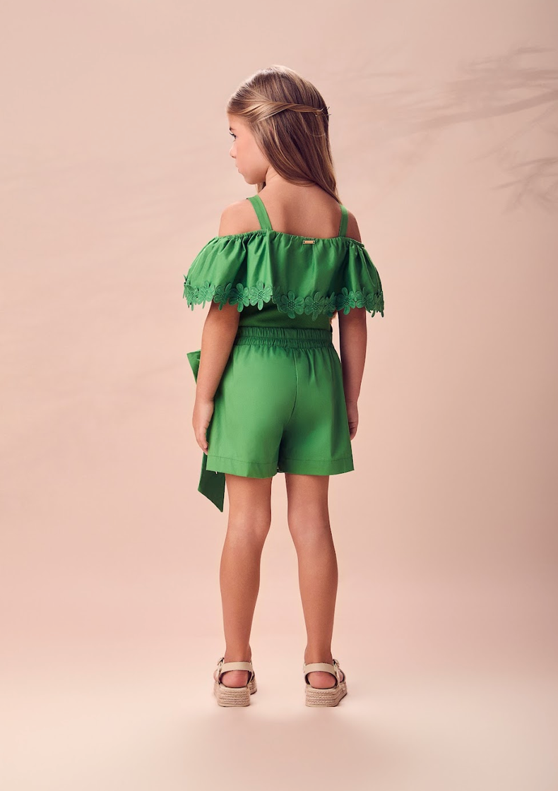 Conjunto Infantil Verde com Blusa de Alças e Flores Short com Laço - Animê