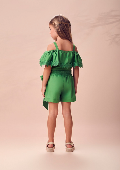 Conjunto Infantil Verde com Blusa de Alças e Flores Short com Laço - Animê