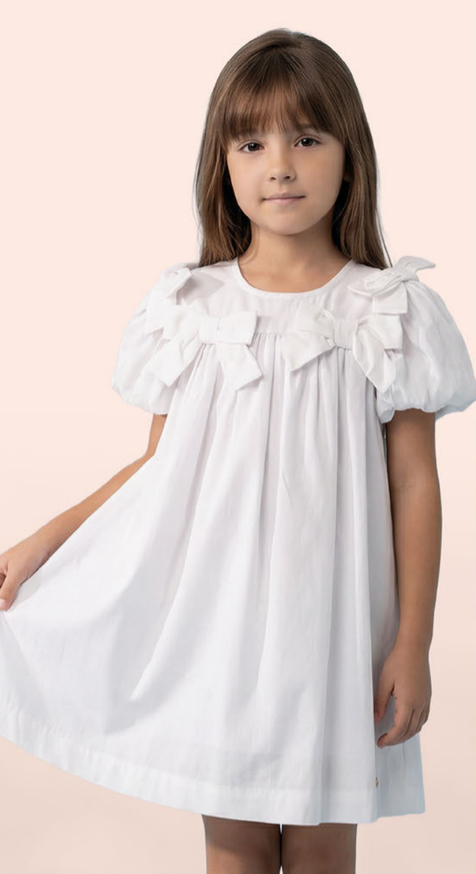 Vestido Infantil Branco com Mangas Bufantes e Laços – Luluzinha