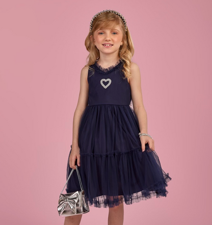 Vestido Infantil Marinho de Tule com Aplicação de Coração Strass Amarração nas Costas - Gabriela Aquarela