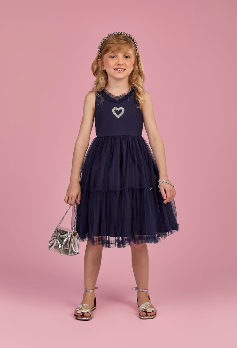 Vestido Infantil Marinho de Tule com Aplicação de Coração Strass Amarração nas Costas - Gabriela Aquarela