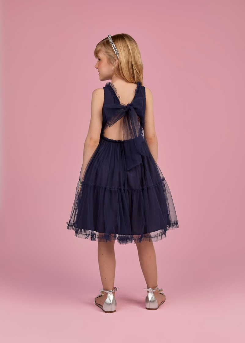 Vestido Infantil Marinho de Tule com Aplicação de Coração Strass Amarração nas Costas - Gabriela Aquarela