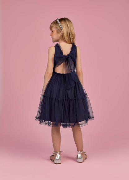 Vestido Infantil Marinho de Tule com Aplicação de Coração Strass Amarração nas Costas - Gabriela Aquarela