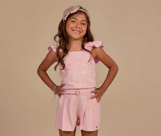 Conjunto Infantil Rosa Blusa de Alça com Babadinhos Bordada de Flores Short com Cintinhos - Gabriela Aquarela