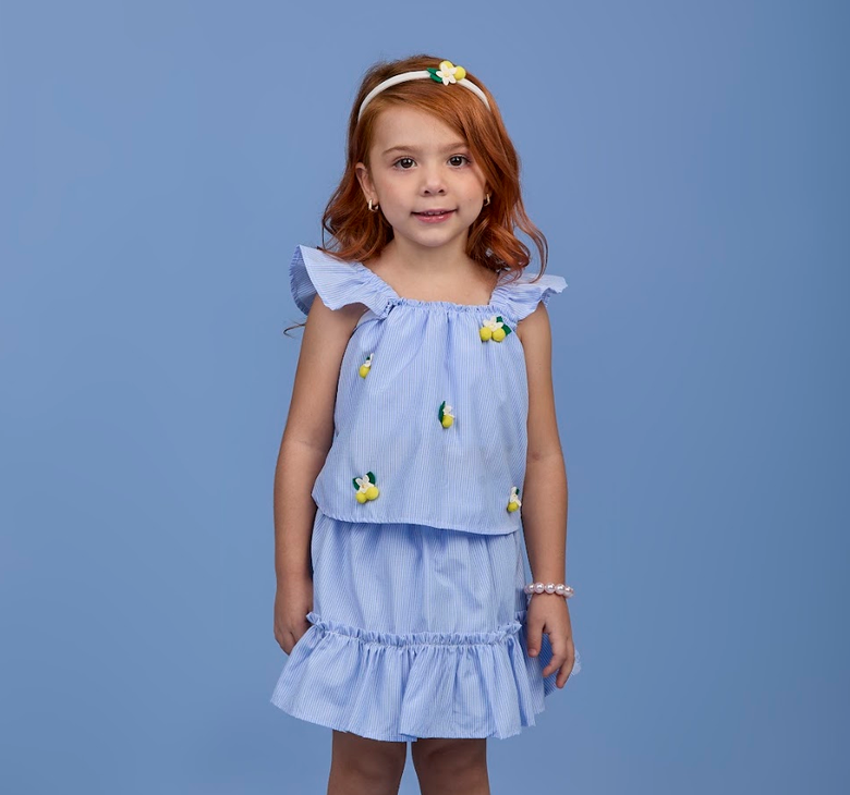 Conjunto Infantil Azul Listrado Blusa Bordado de Limões e Saia de Babadinho Tiara de Limão - Gabriela Aquarela
