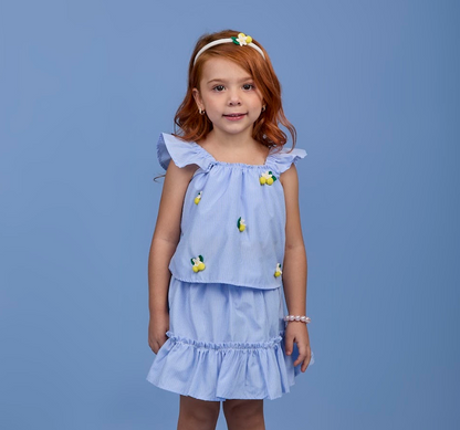 Conjunto Infantil Azul Listrado Blusa Bordado de Limões e Saia de Babadinho Tiara de Limão - Gabriela Aquarela