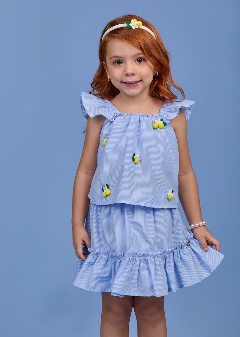 Conjunto Infantil Azul Listrado Blusa Bordado de Limões e Saia de Babadinho Tiara de Limão - Gabriela Aquarela