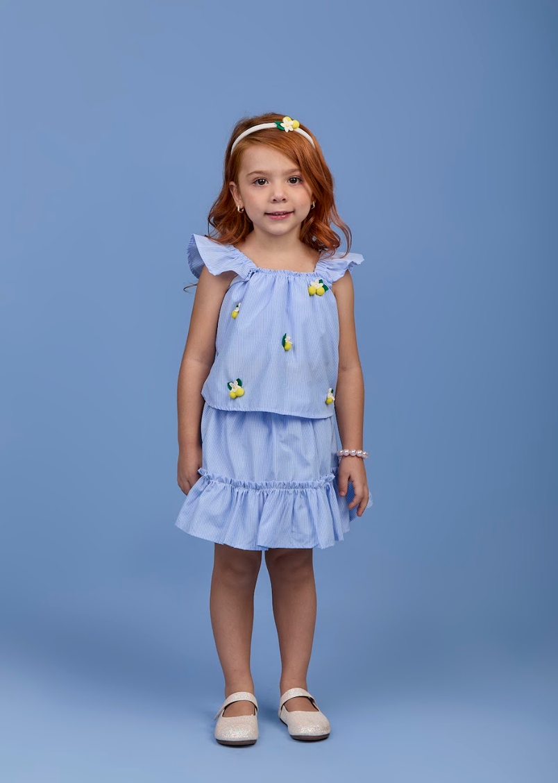 Conjunto Infantil Azul Listrado Blusa Bordado de Limões e Saia de Babadinho Tiara de Limão - Gabriela Aquarela