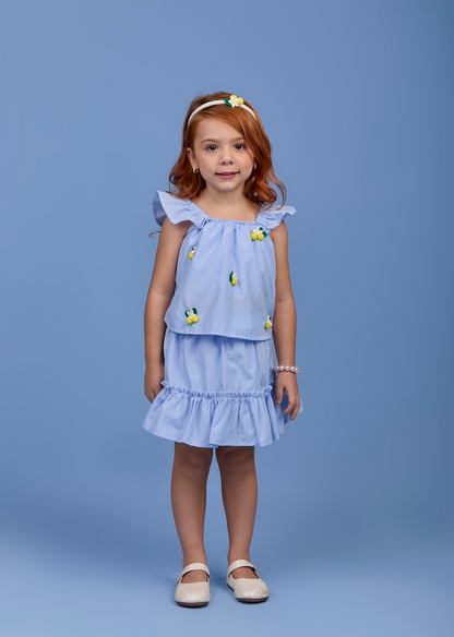 Conjunto Infantil Azul Listrado Blusa Bordado de Limões e Saia de Babadinho Tiara de Limão - Gabriela Aquarela