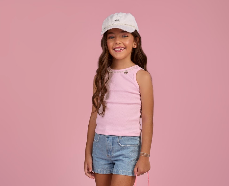 Regata Infantil Canelada Rosa com Cristais na Gola -  Gabriela Aquarela
