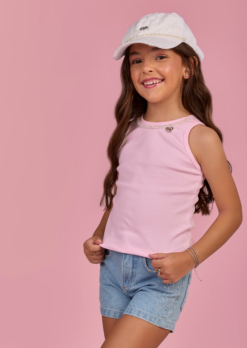 Regata Infantil Canelada Rosa com Cristais na Gola -  Gabriela Aquarela
