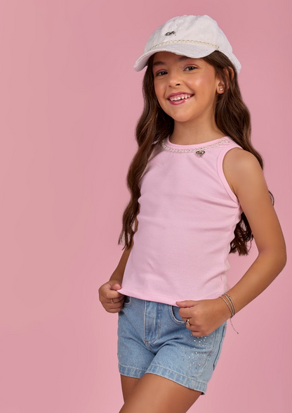Regata Infantil Canelada Rosa com Cristais na Gola -  Gabriela Aquarela