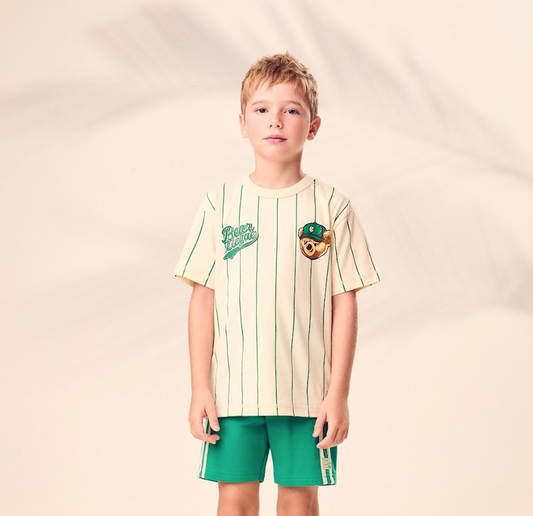 Conjunto Infantil Camiseta Listrada Bear League e Bermuda Verde – Youccie