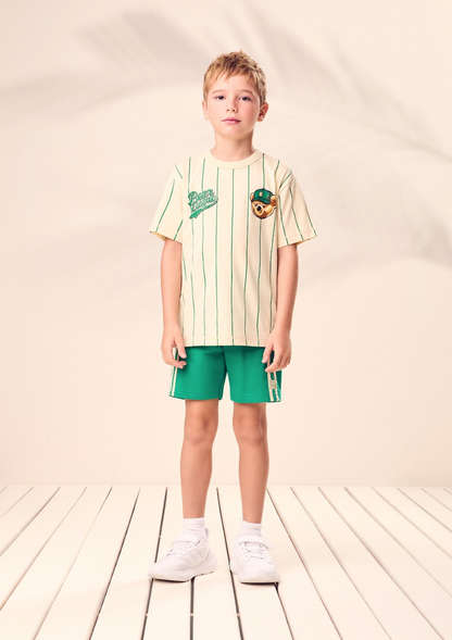 Conjunto Infantil Camiseta Listrada Bear League e Bermuda Verde – Youccie