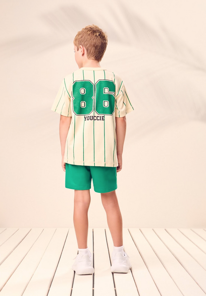 Conjunto Infantil Camiseta Listrada Bear League e Bermuda Verde – Youccie