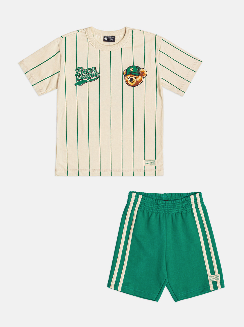 Conjunto Infantil Camiseta Listrada Bear League e Bermuda Verde – Youccie