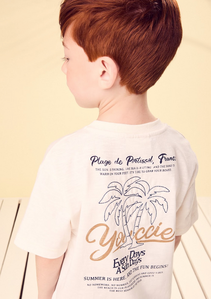 Conjunto Infantil Camiseta Off-White Coqueiro e Bermuda Bege - Youccie