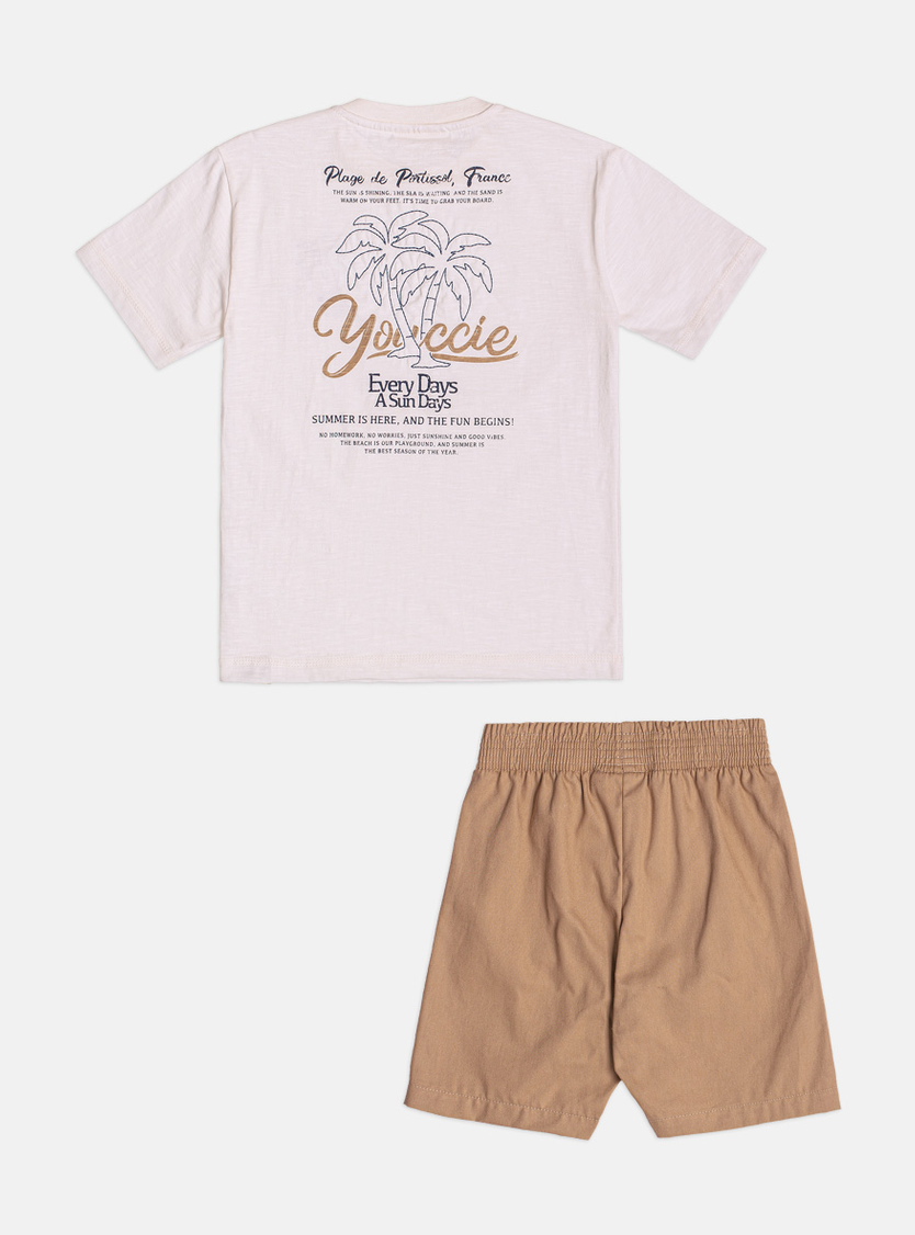 Conjunto Infantil Camiseta Off-White Coqueiro e Bermuda Bege - Youccie