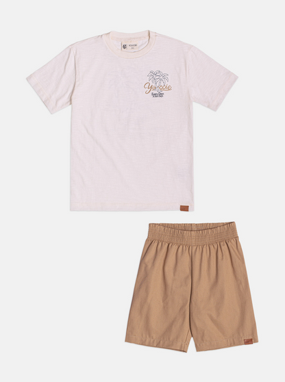 Conjunto Infantil Camiseta Off-White Coqueiro e Bermuda Bege - Youccie