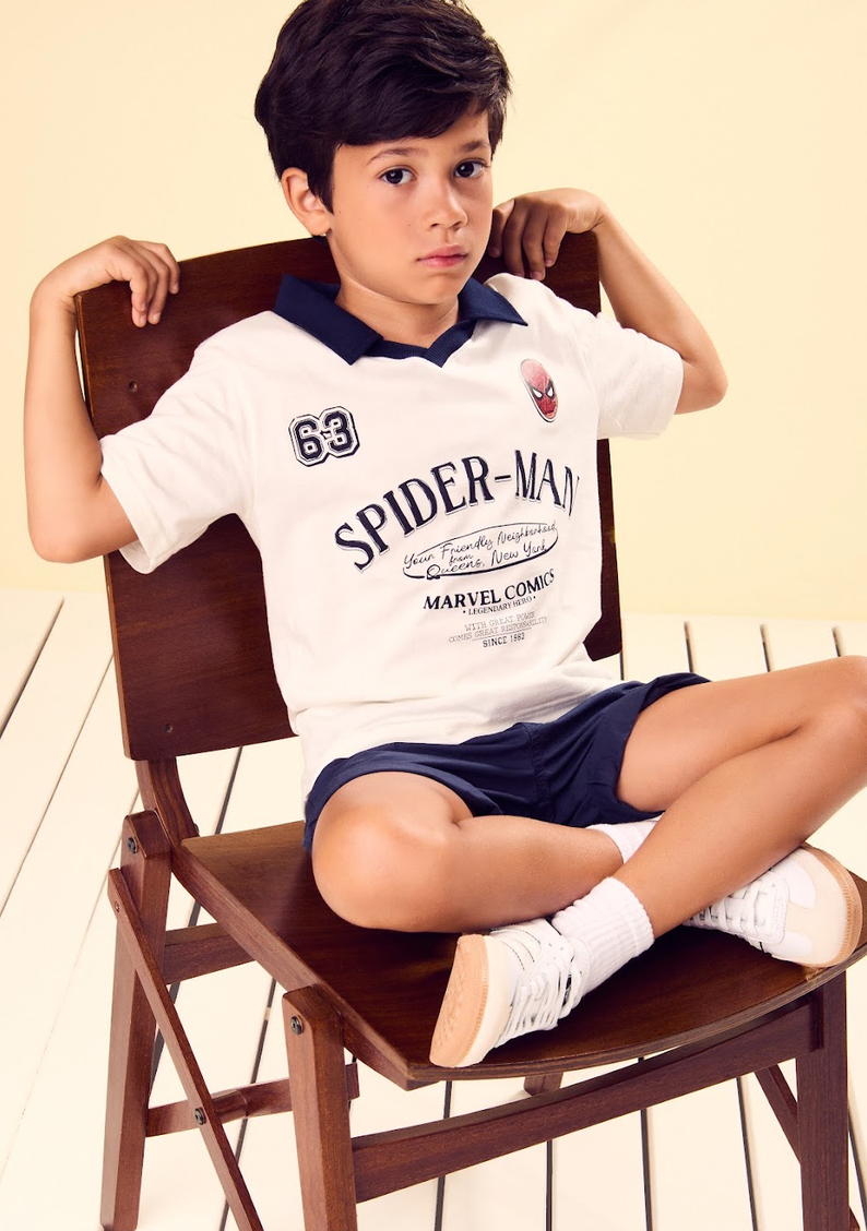 Camisa Polo Infantil Off White Spider-Man com Gola Marinho - Youccie