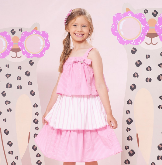 Vestido Infantil Rosa de Alça Listrado com Laço e Aplicação de Strass - Pituchinhus