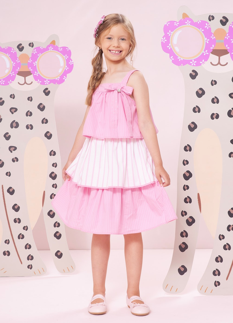 Vestido Infantil Rosa de Alça Listrado com Laço e Aplicação de Strass - Pituchinhus