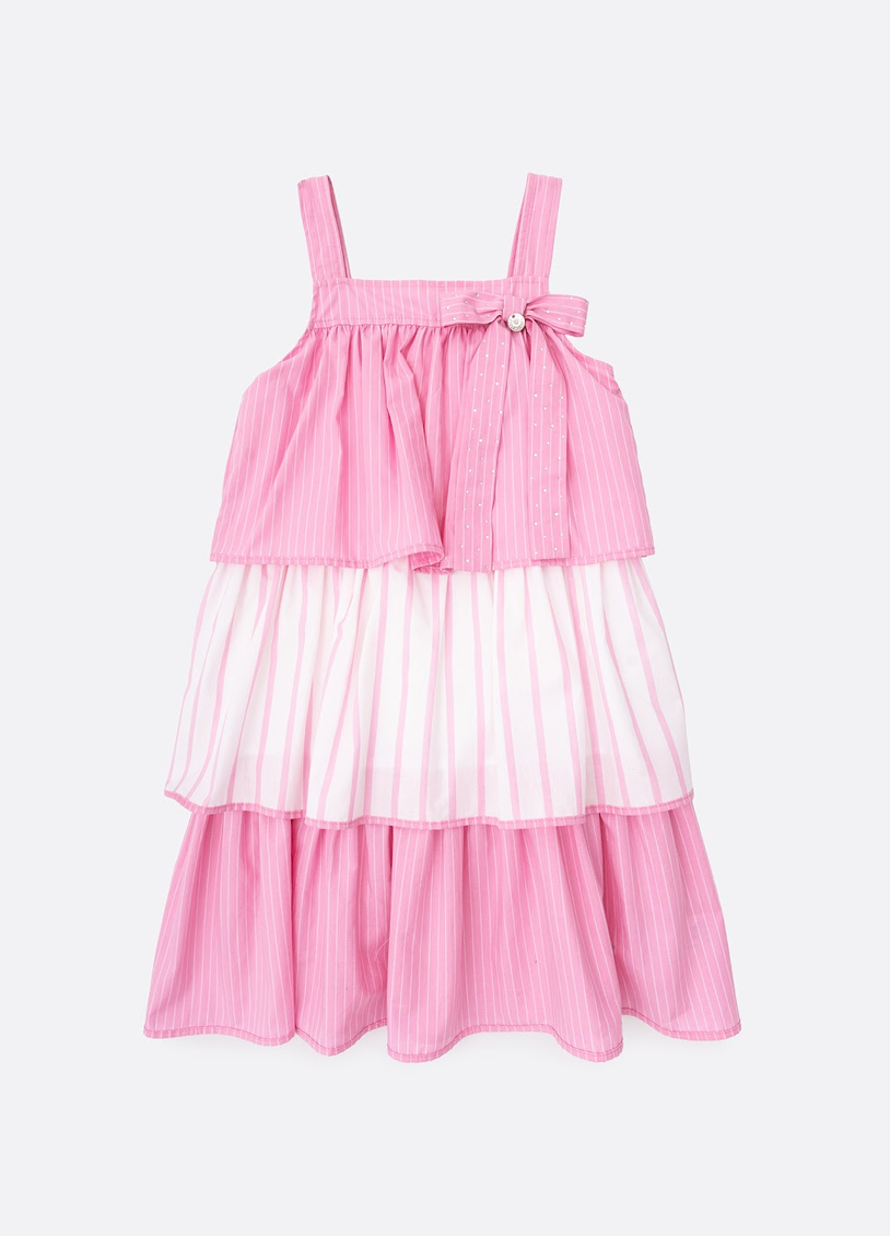 Vestido Infantil Rosa de Alça Listrado com Laço e Aplicação de Strass - Pituchinhus