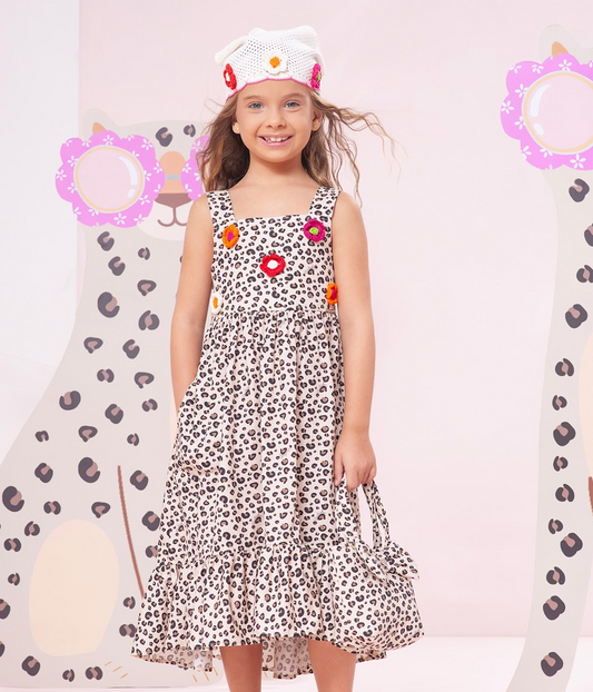 Vestido Infantil Algodão Estampa de Onçinha Aplicação de Flores em Crochê - Pituchinhus