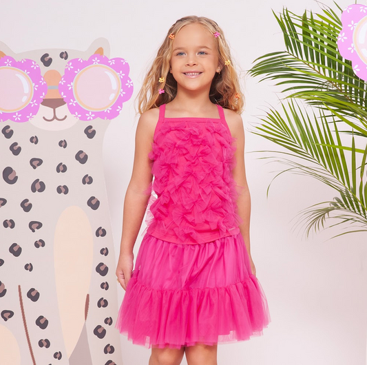 Conjunto Infantil Blusa Rosa Pink Alça com Multi Laços Saia Short com Babados em Tule - Pituchinhus