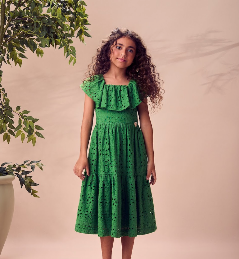 Vestido Infantil Verde com Laise Bordada e Babados – Animê