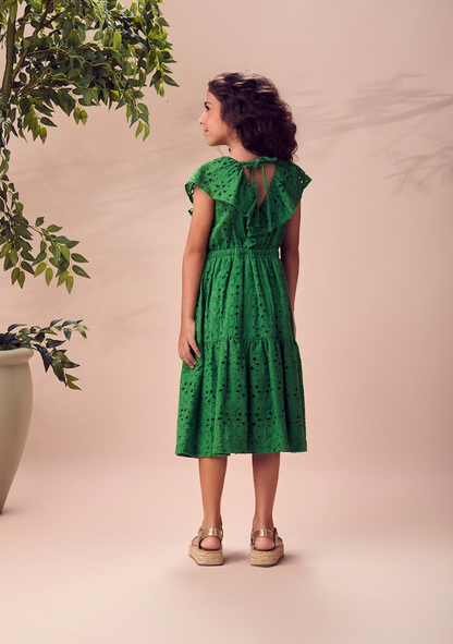 Vestido Infantil Verde com Laise Bordada e Babados – Animê