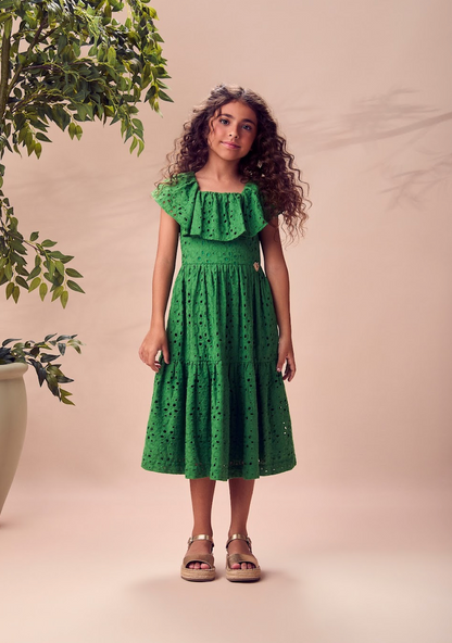 Vestido Infantil Verde com Laise Bordada e Babados – Animê