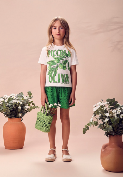 Conjunto Infantil Camiseta Off-White Piccola Oliva e Short Verde - Animê
