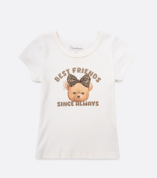 Conjunto Infantil Blusa Estampa de Ursinha com Strass Short Bege Babados Borda de Onçinha - Pituchinhus