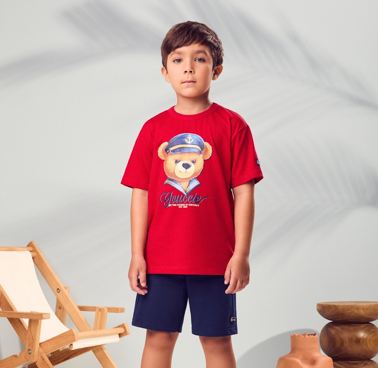 Conjunto Infantil Camisa Vermelha Urso Teddy Marinheiro Bermuda Azul Marinho em Moletinho - Youccie