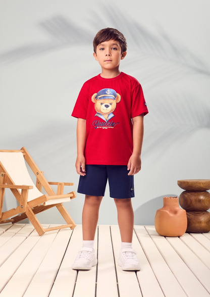Conjunto Infantil Camisa Vermelha Urso Teddy Marinheiro Bermuda Azul Marinho em Moletinho - Youccie