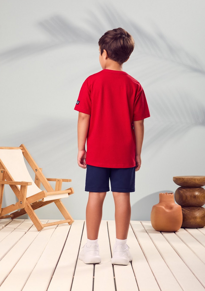 Conjunto Infantil Camisa Vermelha Urso Teddy Marinheiro Bermuda Azul Marinho em Moletinho - Youccie