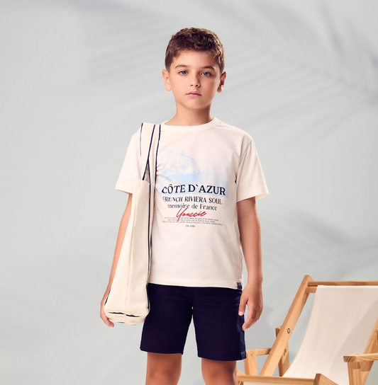Conjunto Infantil Camisa Off White Côte D' Azur Bermuda Azul Marinho - Youccie