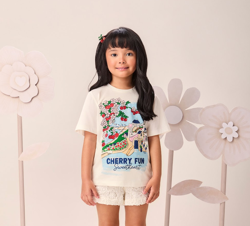 Conjunto Infantil Blusa Off White Estampada com Strass Shorts Sarja com Renda Floral - Momi