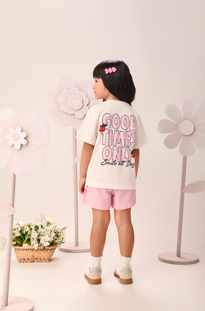 Conjunto Infantil Blusa Off White Ursinho Pooh com Strass Shorts Sarja com Lenço Rosa - Momi