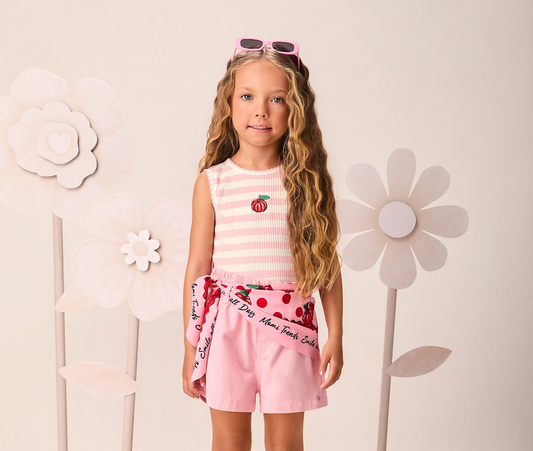 Conjunto Infantil Regata Rosa Canelada de Listras Shorts Sarja com Lenço Rosa Lolli Pop - Momi