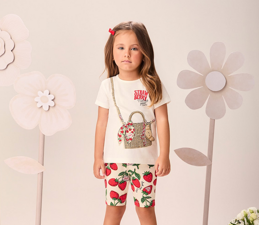 Conjunto Infantil Blusa Off White com Estampa de Blosa Legging Estampa de Morangos - Momi