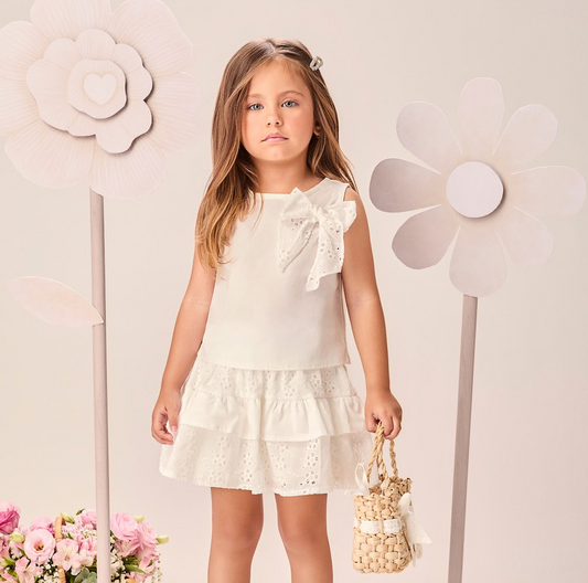 Conjunto Infantil Off White Regata com Laço Laise Saia de Babados com Laise - Momi