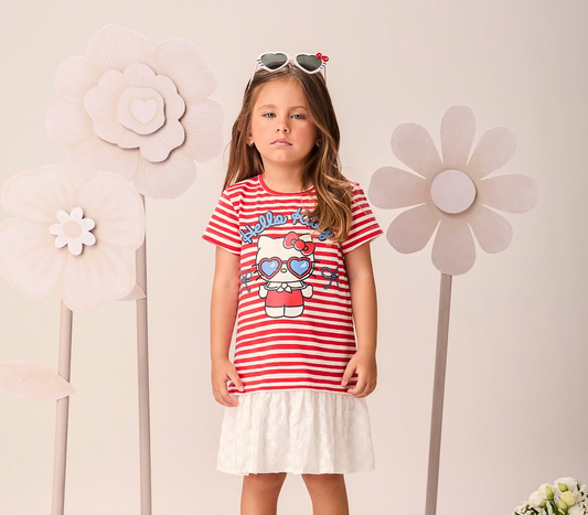 Vestido Infantil Vermelho Listrado com Babado da Hello - Momi