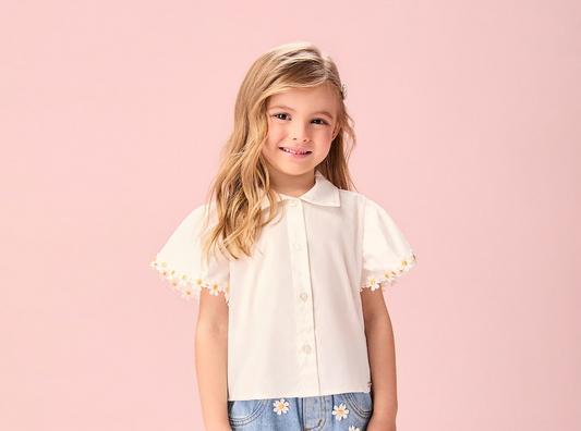Camisa Infantil Branca com Mangas Bordadas de Florzinha - Momi