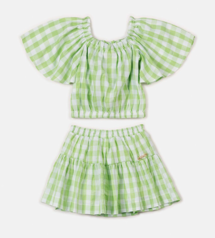 Conjunto blusa com babados e saia xadrez verde Animê